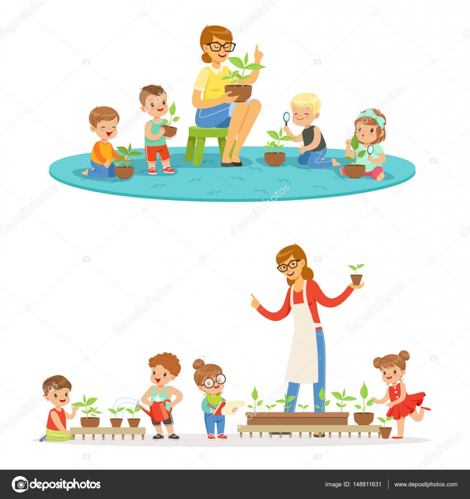 Lezione di biologia nella scuola materna i bambini stanno guardando semenzali della pianta Cartone