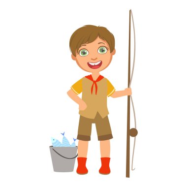 Bir olta ve kova, renkli bir karakter ile mutlu izci
