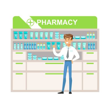 Adam Yöneticisi seçme ve satın alma ilaç ve kozmetik, eczane sahneleri ile Eczacılar ve istemci kümesi eczane