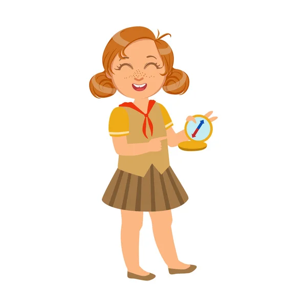 Menina batedor feliz e rindo com uma bússola, um personagem colorido —  Vetores de Stock
