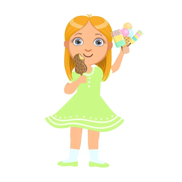 Menina bonita garoto segurando sorvete, um personagem colorido —  Vetores de Stock