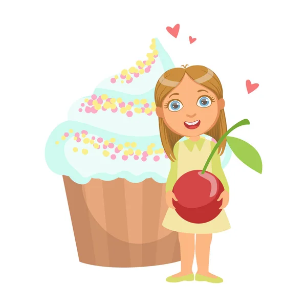 Felice ragazza in piedi vicino a un enorme capkake e tenendo una ciliegia tra le mani, un personaggio colorato — Vettoriale Stock