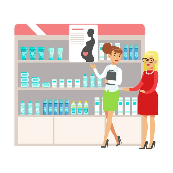 Femme enceinte en pharmacie Choisir et acheter des médicaments et des cosmétiques, partie de l'ensemble des scènes de pharmacie avec les pharmaciens et les clients — Image vectorielle