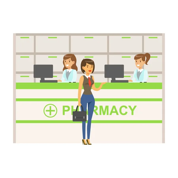 Woman In Vest And Tie In Pharmacy Choosing And Buying Drugs And Cosmetics, Part Of Set Of Drugstore Scenes With Pharmacists And Clients — Stock Vector