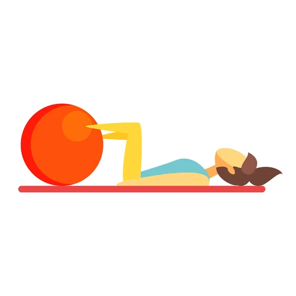 Молодая брюнетка занимается фитнесом на оранжевом фитболе. Красочный мультяшный персонаж — стоковый вектор