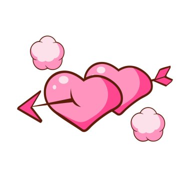 İki pembe kalp bir okla deldi. Renkli karikatür çizimi