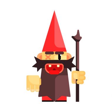 Kırmızı şapkalı bir cüce acımasız sırıtır. Peri masalı, fantastik, büyülü renkli karakter