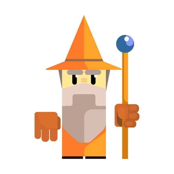 Mignon gnome de dessin animé dans un chapeau orange avec un bâton dans ses mains. Conte de fées, fantastique, caractère coloré magique — Image vectorielle