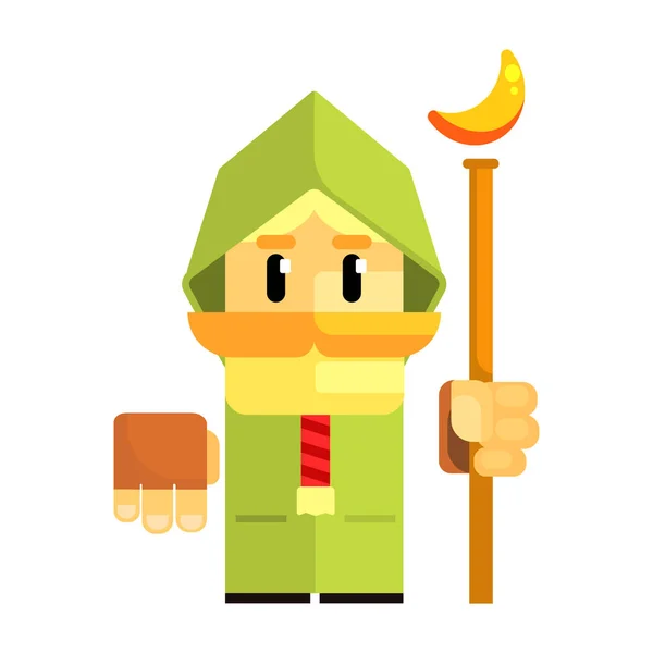 Cartoon dwarf in a green cape with staff in his hands. Fairy tale, fantastic, magical colorful character — Stock Vector