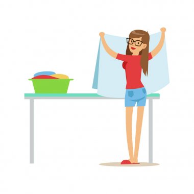 Kadın temiz çamaşır, vektör resimler otomatik Self Servis Çamaşırhane çamaşır makineleri kullanan kişiler parçası katlanır