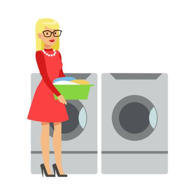 Bir kova içinde Part vektör çizimleri otomatik Self Servis Çamaşırhane çamaşır makineleri kullanarak insanların kirli çamaşır getiren kadın