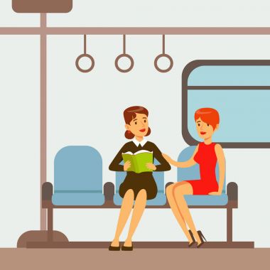 İki kadın, metro tren vagonuna oturan insanlar farklı taşıma parçası çizgi film sahneleri ile mutlu yolcuları dizi türleri