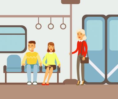 Yolcular yerlerini metro üzerinde araba tren, insanlar farklı taşıma parçası çizgi film sahneleri ile mutlu yolcuları dizi türleri