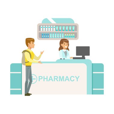 Sırt çantasında seçme ve satın alma ilaç ve kozmetik, eczane sahneleri ile Eczacılar ve istemci kümesi eczane ile adam