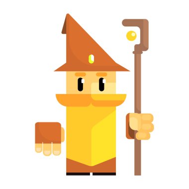 Sevimli çizgi gnome elinde bir kadro ile kahverengi şapkalı. Peri masalı, fantastik, büyülü renkli karakter