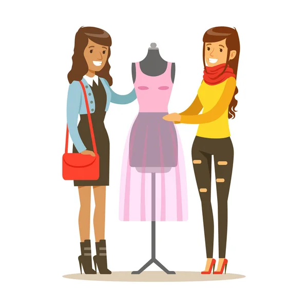 Two Women Discussing Pink Dress On Dummy, Part Of People Using Tailoring And Designer Professional Service Set Of Vector Illustrations — Stock Vector