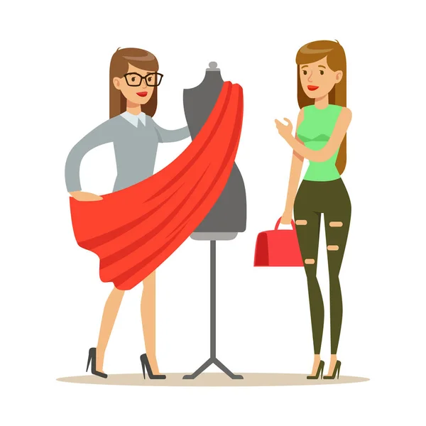 Woman And Designer Choosing Fabric For Dress , Part Of People Using Tailoring And Design Professional Service Set Of Vector Illustrations — Stock Vector