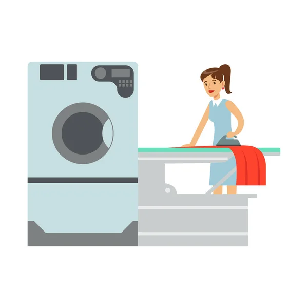 Vrouw Ironing Wasserij, onderdeel van mensen met behulp van automatische self-service wasserette wasmachines van vectorillustraties — Stockvector