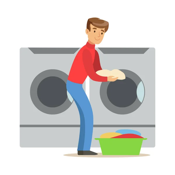 Guy Loading Dirty Laundry, Part Of People Using Automatic Self-Service Laundromat Washing Machines Of Vector Illustrations — Stock Vector