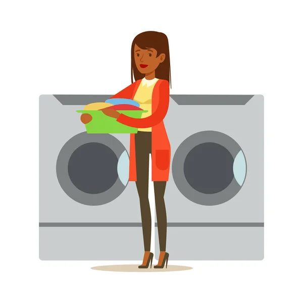 Dívka načítání špinavé prádlo, část lidí, kteří používají automatické samoobslužné prádelny pračky vektorové ilustrace — Stockový vektor