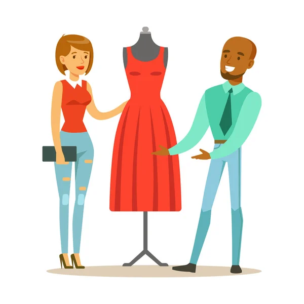 Designer dimostrando vestito rosso finito al cliente, parte di persone che utilizzano sartoria e design Set di servizi professionali di illustrazioni vettoriali — Vettoriale Stock