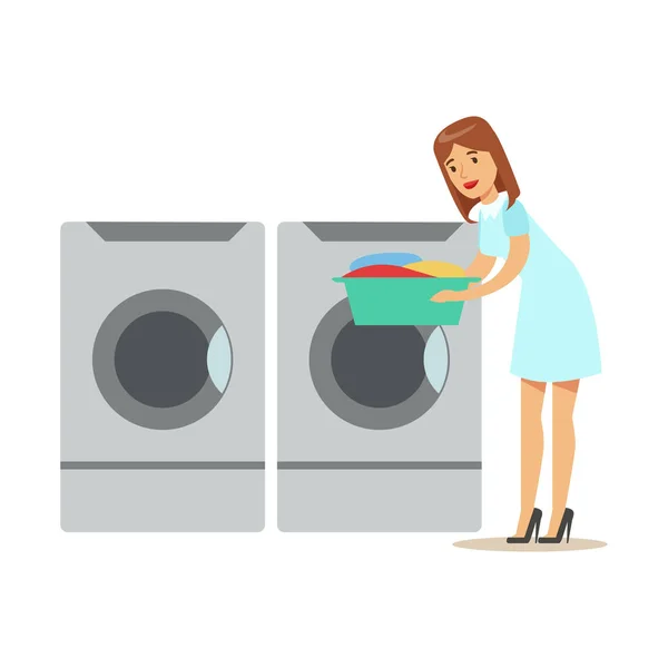 Woman Taking Out Clean Laundry, Part Of People Using Automatic Self-Service Laundromat Washing Machines Of Vector Illustrations — Stock Vector