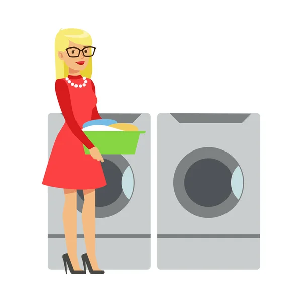 Frau bringt schmutzige Wäsche in einem Eimer, ein Teil der Leute benutzt automatische Selbstbedienungswaschmaschinen mit Vektorillustrationen — Stockvektor