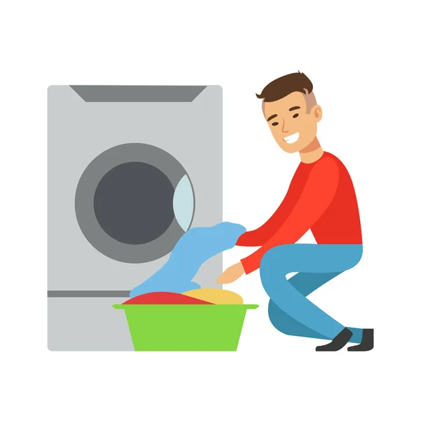 Muž vytáhl čistého prádla, část lidí, kteří používají automatické samoobslužné prádelny pračky vektorové ilustrace — Stockový vektor