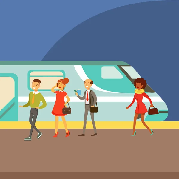 Cestující nastupují do vlaku na nástupišti, část pacientů, kteří užívají různé dopravní typy série Cartoon scén s šťastné cestující — Stockový vektor