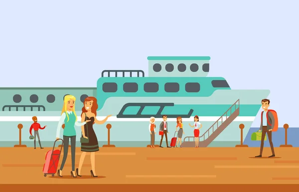 Pasajeros abordando un crucero, parte de la gente tomando diferentes tipos de transporte serie de escenas de dibujos animados con viajeros felices — Archivo Imágenes Vectoriales