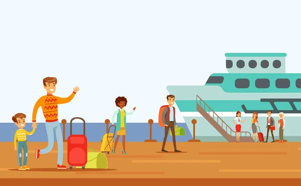 Pasajeros abordando gran barco, parte de la gente tomando diferentes tipos de transporte serie de escenas de dibujos animados con viajeros felices — Vector de stock