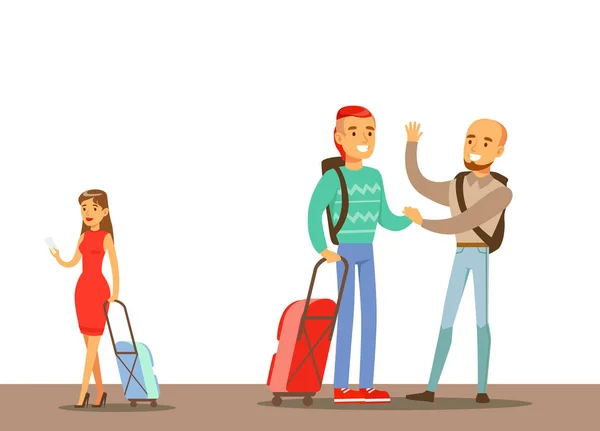 Passagiers zeggen afscheid In de luchthaven, soorten deel van de mensen die verschillende reeks Cartoon scènes met tevreden reizigers — Stockvector