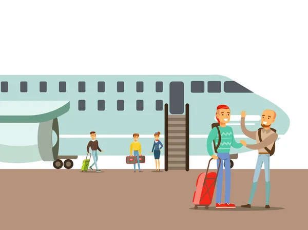La gente diciendo adiós en el aeródromo, parte de la gente tomando diferentes tipos de transporte serie de escenas de dibujos animados con viajeros felices — Archivo Imágenes Vectoriales