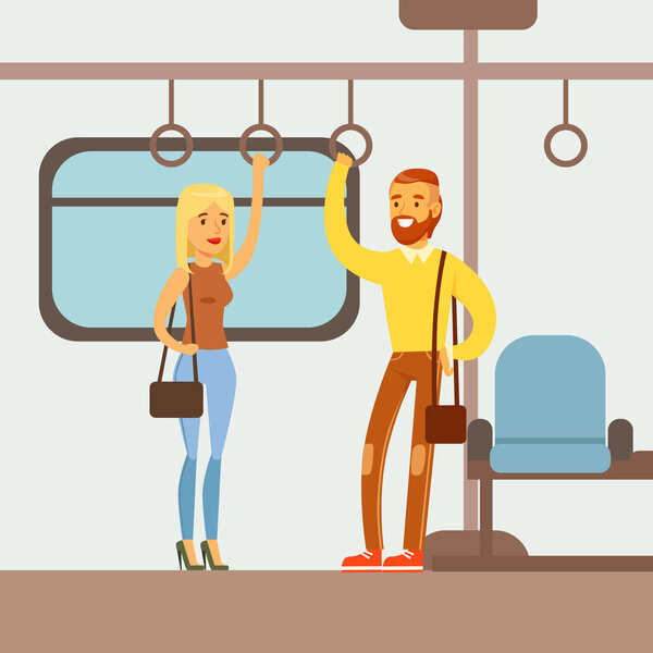Couple Standing In The Metro Train Car, Part Of People Taking Different Transport Types Series Of Cartoon Scenes With Happy Travelers