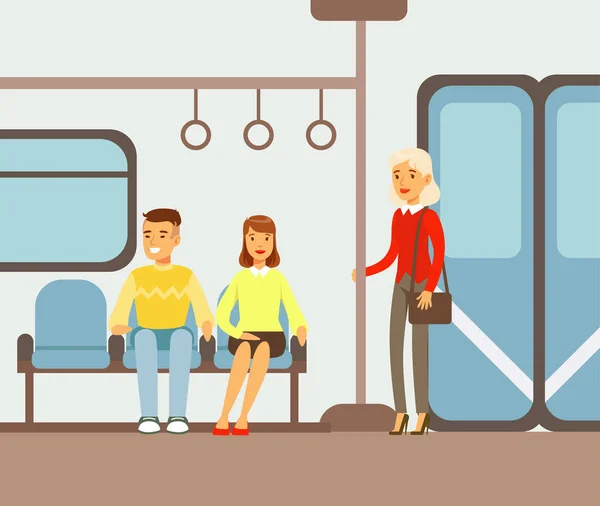 Cestující na svých místech v Metro vlak auto, část pacientů, kteří užívají různé dopravní typů série Cartoon scén s šťastné cestující — Stockový vektor