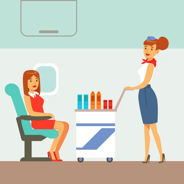 Stewardess Serving Drinks To Plane Passengers, Part Of People Taking Different Transport Types Series Of Cartoon Scenes With Happy Travelers — Stock Vector