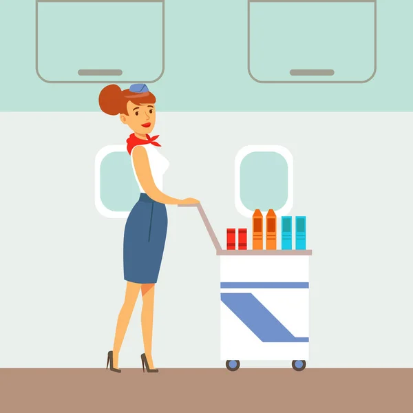Stewardess drankjes serveren op een vliegtuig, deel van de mensen die verschillende soorten reeks Cartoon scènes met tevreden reizigers — Stockvector