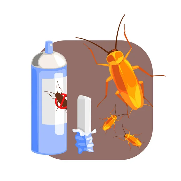 Can of cockroach insecticide and piece of chalk for the destruction of cockroach. Colorful cartoon illustration — Stock Vector