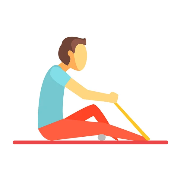 Hombre sentado en una alfombra y haciendo ejercicio con banda elástica y una pelota pequeña. Personaje colorido de dibujos animados — Archivo Imágenes Vectoriales