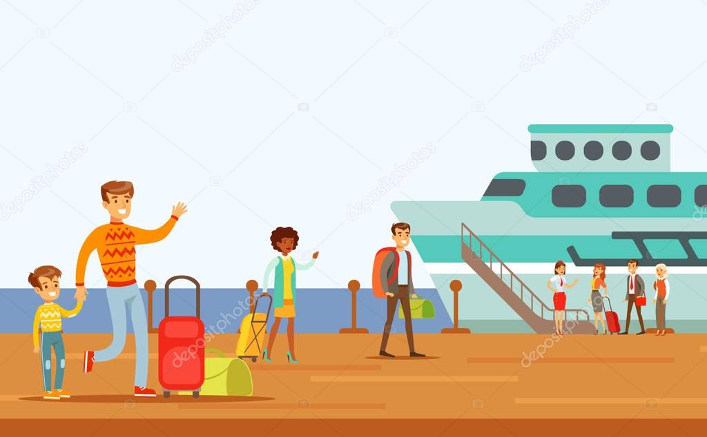 Passengers Boarding Large Ship, Part Of People Taking Different Transport Types Series Of Cartoon Scenes With Happy Travelers