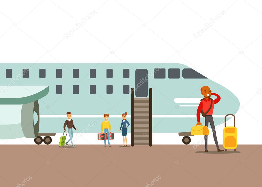 Passengers Boarding A Plane, Part Of People Taking Different Transport Types Series Of Cartoon Scenes With Happy Travelers