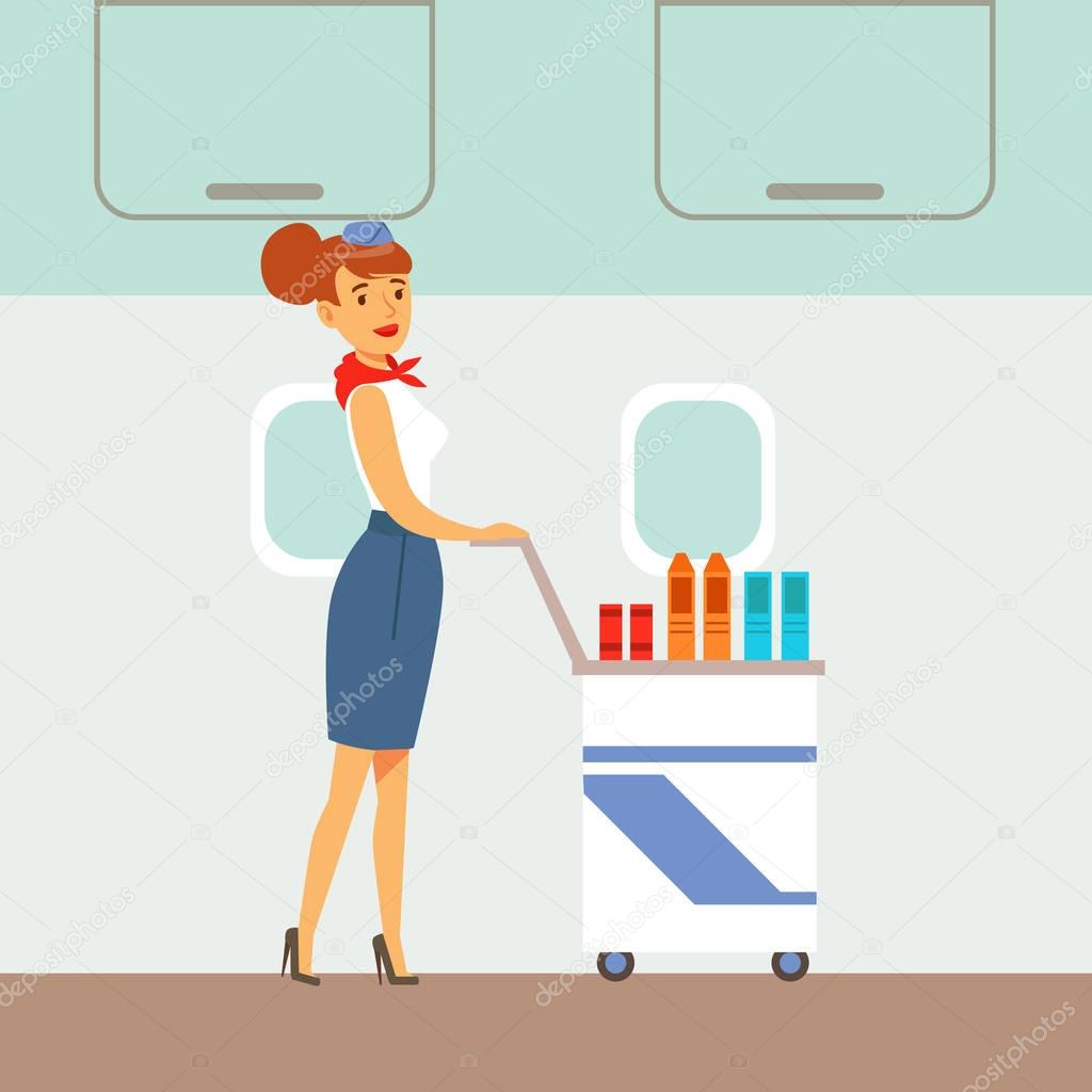 Flight Attendant Serving Drinks On A Plane, Part Of People Taking Different Transport Types Series Of Cartoon Scenes With Happy Travelers