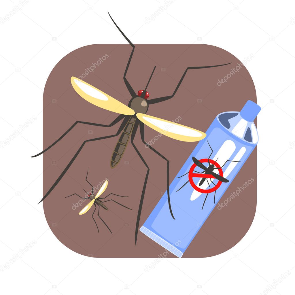 Mosquito insect and mosquito repellent spray blue can. Colorful cartoon illustration