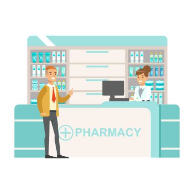 Adam kravat ve hırka seçme ve satın alma ilaç ve kozmetik, eczane sahneleri ile Eczacılar ve istemci kümesi eczane