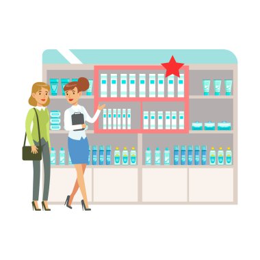 Kadına seçme ve satın alma ilaç ve kozmetik promosyon, eczane sahneleri ile Eczacılar ve istemci kümesi üzerinde eczane