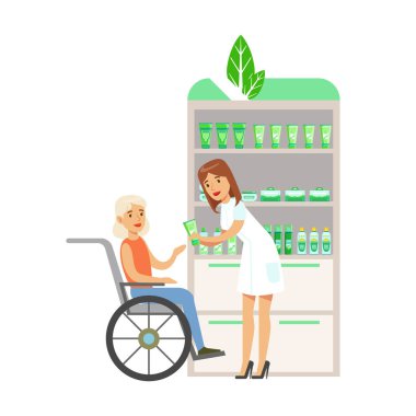 Tekerlekli sandalye ile seçme ve satın alma ilaç ve kozmetik, eczane sahneleri ile Eczacılar ve istemci kümesi eczane kadında