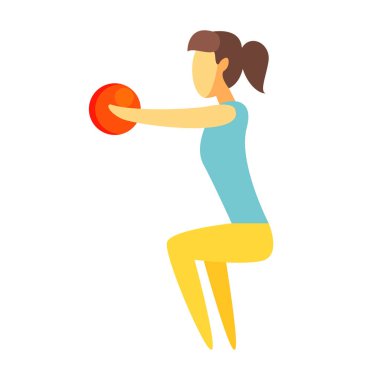 Kız ellerini bir top ile çömelme egzersiz yapmak. Renkli çizgi film karakteri