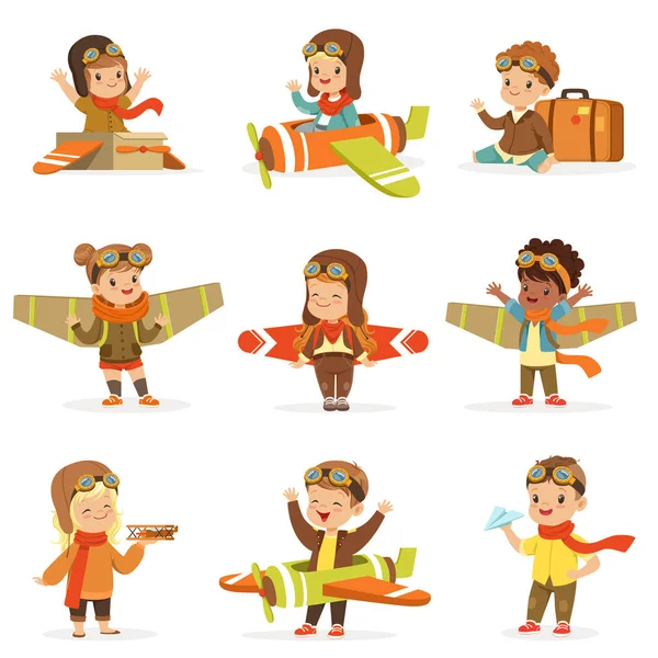 Kleine Kinder in Pilotenkostümen träumen davon, das Flugzeug zu steuern und spielen mit liebenswerten Zeichentrickfiguren — Stockvektor