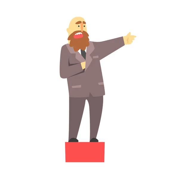 Homem de negócios careca com uma barba falando no pódio vermelho em um terno de negócios cinza — Vetor de Stock