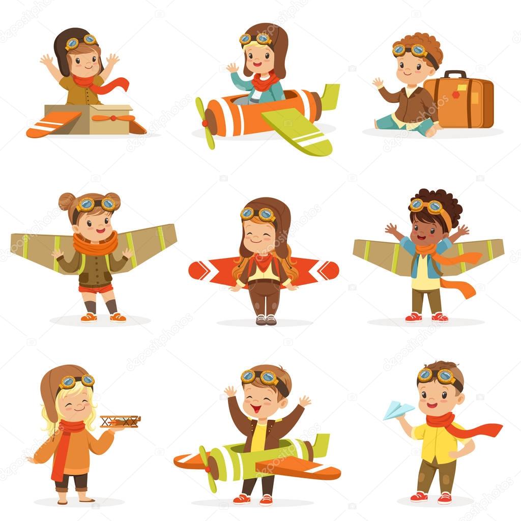 Small Children In Pilot Costumes Dreaming Of Piloting The Plane, Playing With Toys Adorable Cartoon Characters